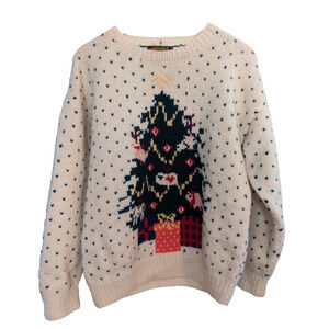 Vintage 1989 Eddie Bauer 100% Wool Christmas Tree Holiday Farm Sweater Sz Medium
